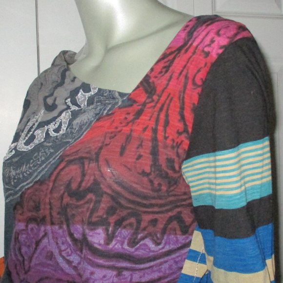 DESIGUAL Brown Multi-Pattern Long Sleeve Graphic Top Large - Picture 4 of 9